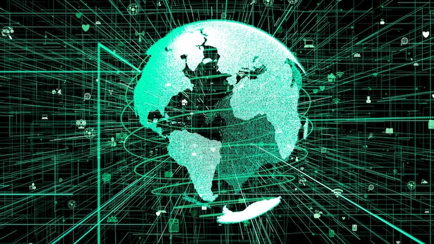 A digital illustration depicting a web of interconnected nodes representing terrorist networks across the globe, highlighting the challenge of tracking and disrupting these organizations.