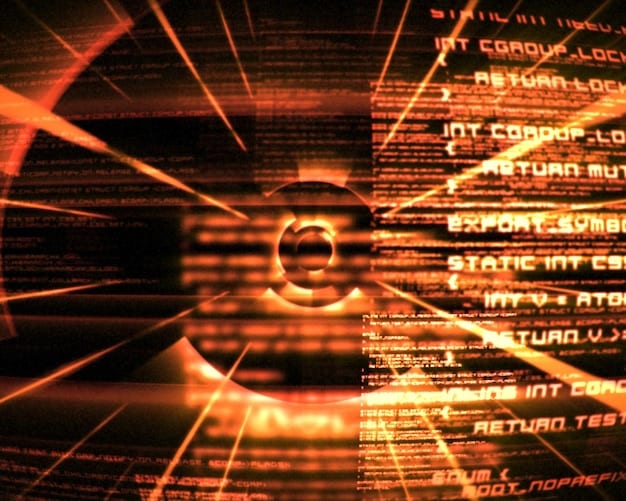An abstract representation of a cyber network under attack. The image should feature a complex web of digital connections with data packets flowing between nodes. Some nodes are highlighted in red, indicating potential breaches or threats. The overall aesthetic should convey both the complexity and vulnerability of modern cyber infrastructure.