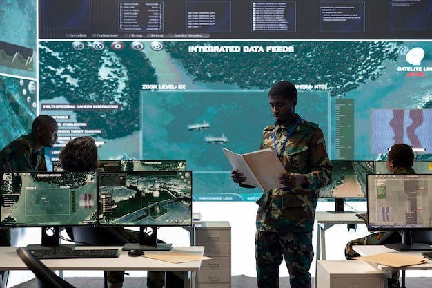A visual representation of real-time threat assessment, featuring a military command center with large displays showing various data streams. These data streams include satellite imagery, radar data, and intelligence reports. AI algorithms are highlighted, processing the data and providing alerts about potential threats, such as incoming missiles or enemy troop movements.