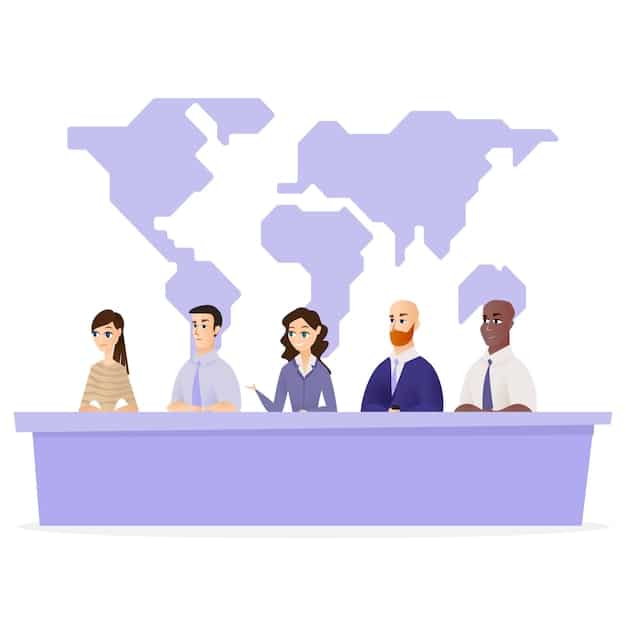 A depiction of negotiators from different countries sitting around a table at a WTO summit, discussing proposed changes to trade agreements.